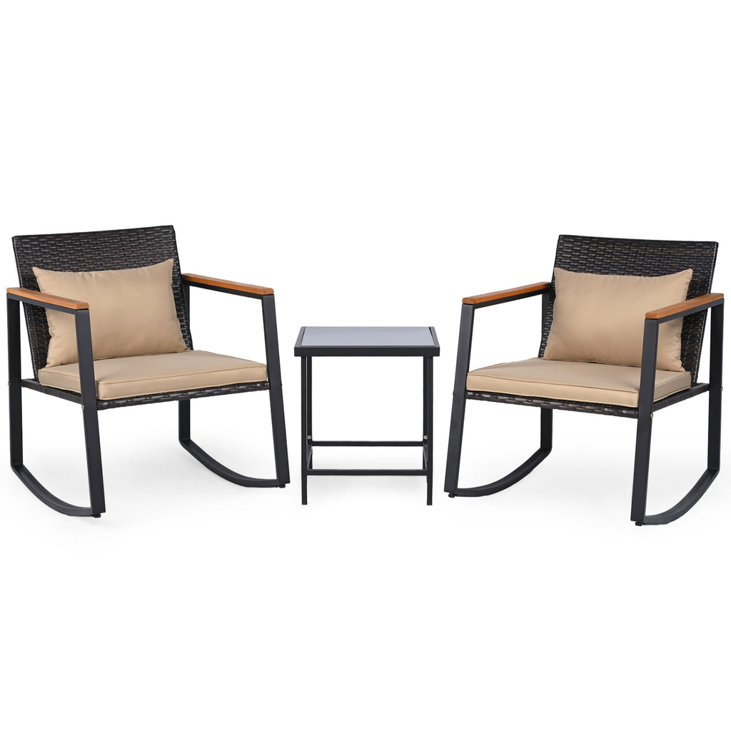 3-Piece Outdoor Rocking Bistro Set with Soft Cushions & Tempered