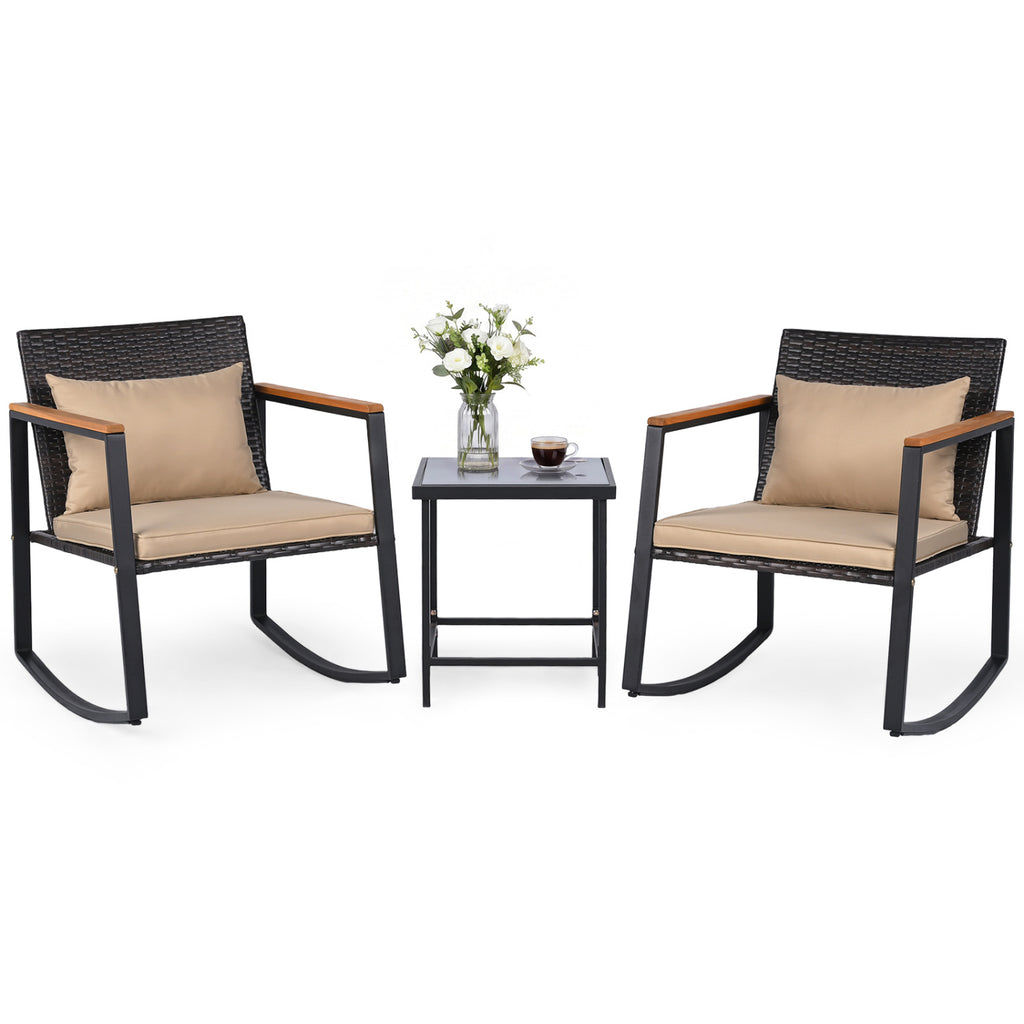 3-Piece Outdoor Rocking Bistro Set with Soft Cushions & Tempered