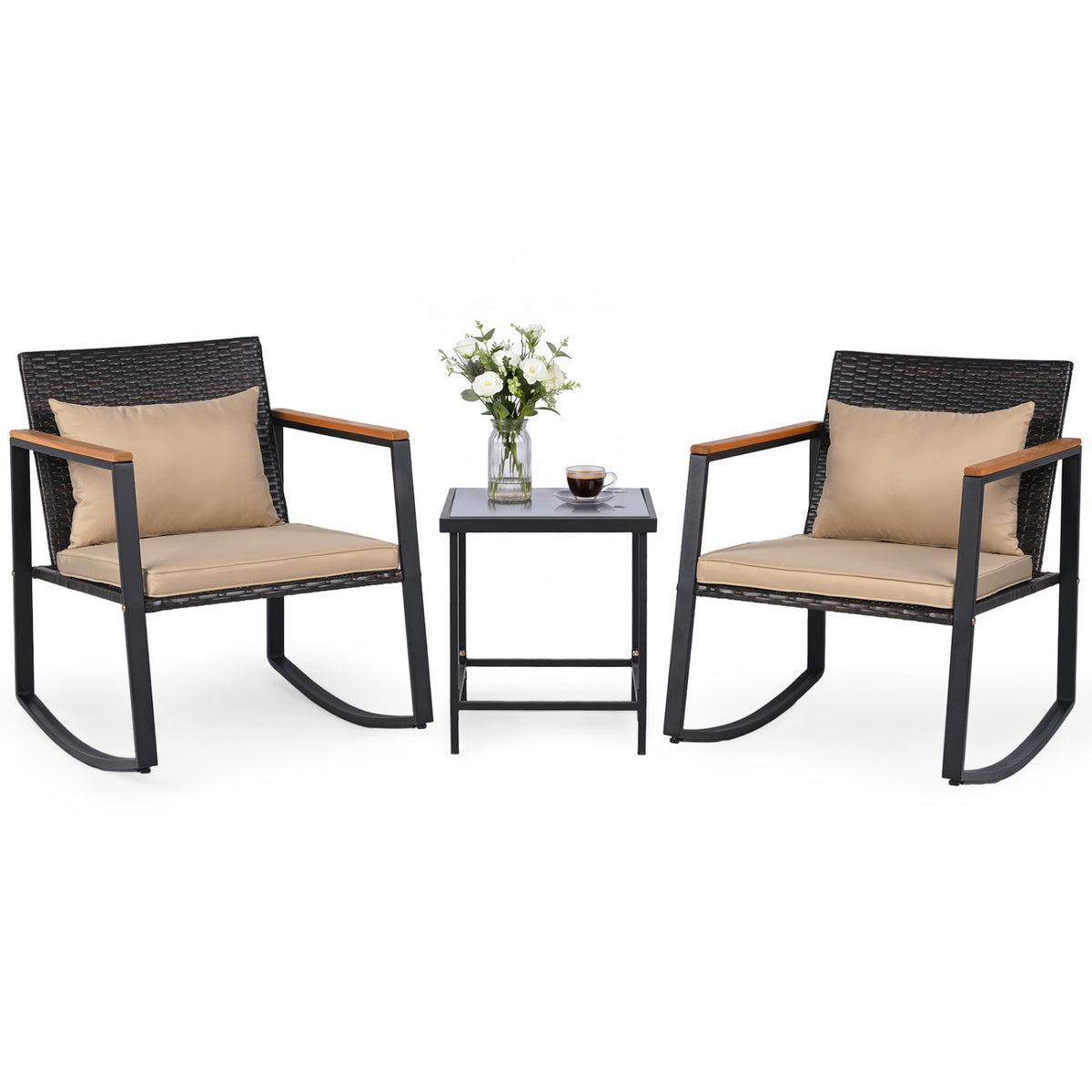 3-Piece Outdoor Rocking Bistro Set with Soft Cushions & Tempered