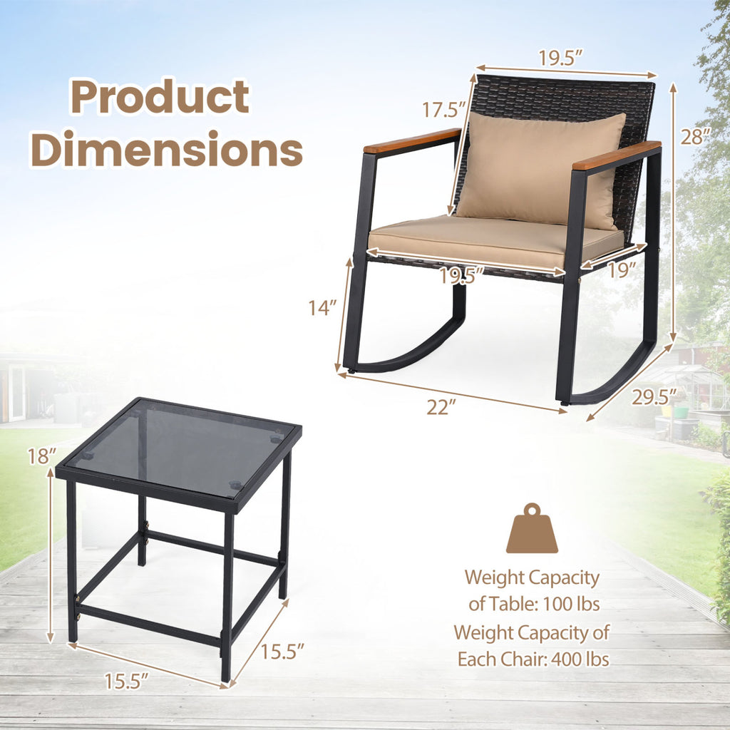 3-Piece Outdoor Rocking Bistro Set with Soft Cushions & Tempered