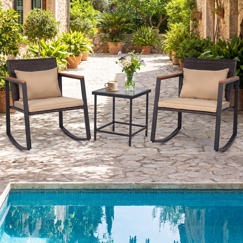 3-Piece Outdoor Rocking Bistro Set with Soft Cushions & Tempered