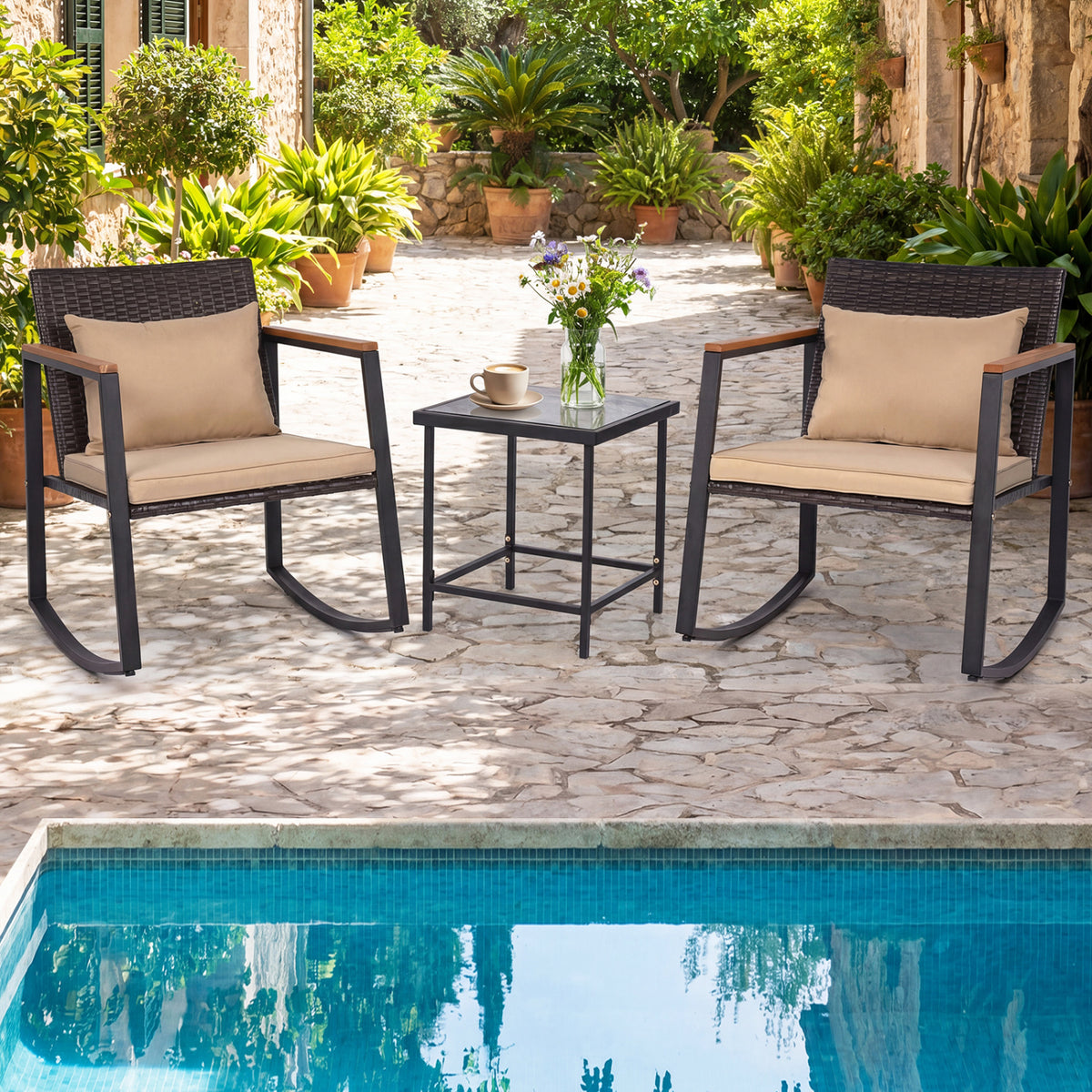 3-Piece Outdoor Rocking Bistro Set with Soft Cushions & Tempered