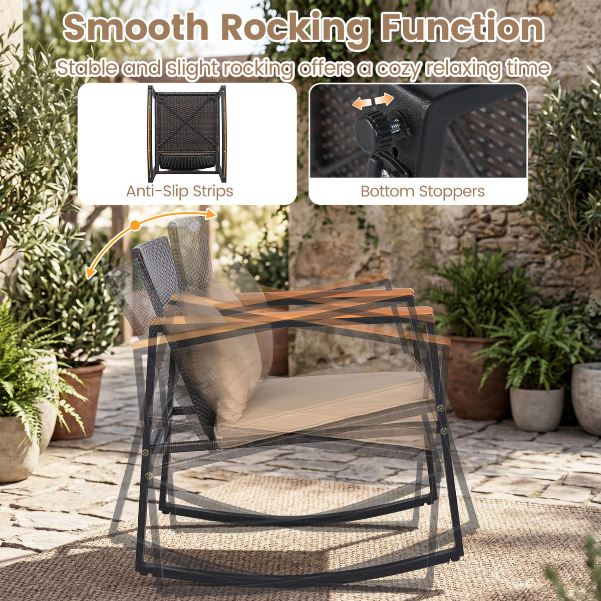 3-Piece Outdoor Rocking Bistro Set with Soft Cushions & Tempered