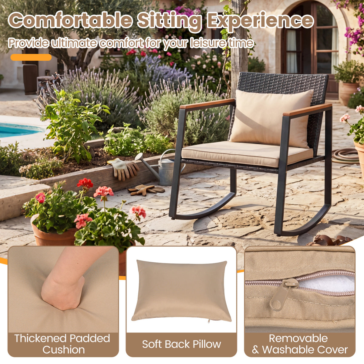 3-Piece Outdoor Rocking Bistro Set with Soft Cushions & Tempered