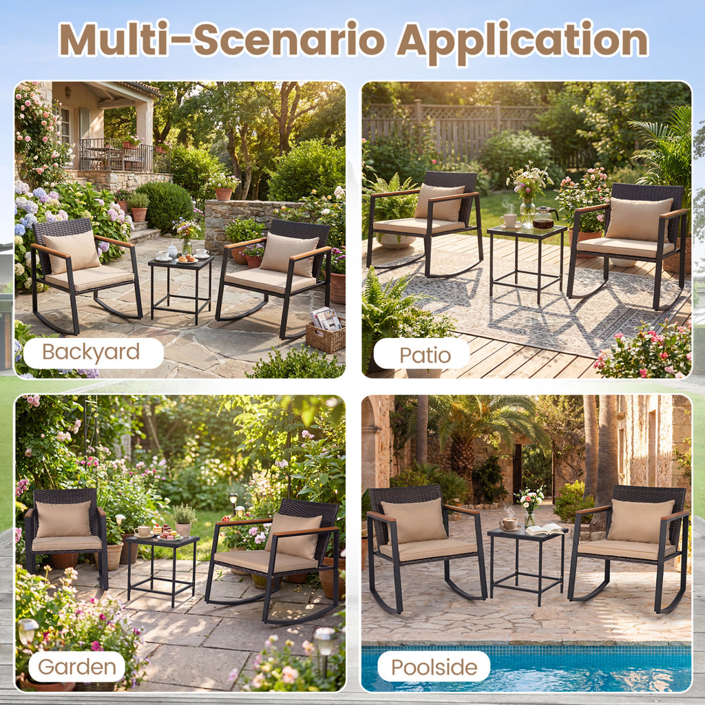 3-Piece Outdoor Rocking Bistro Set with Soft Cushions & Tempered