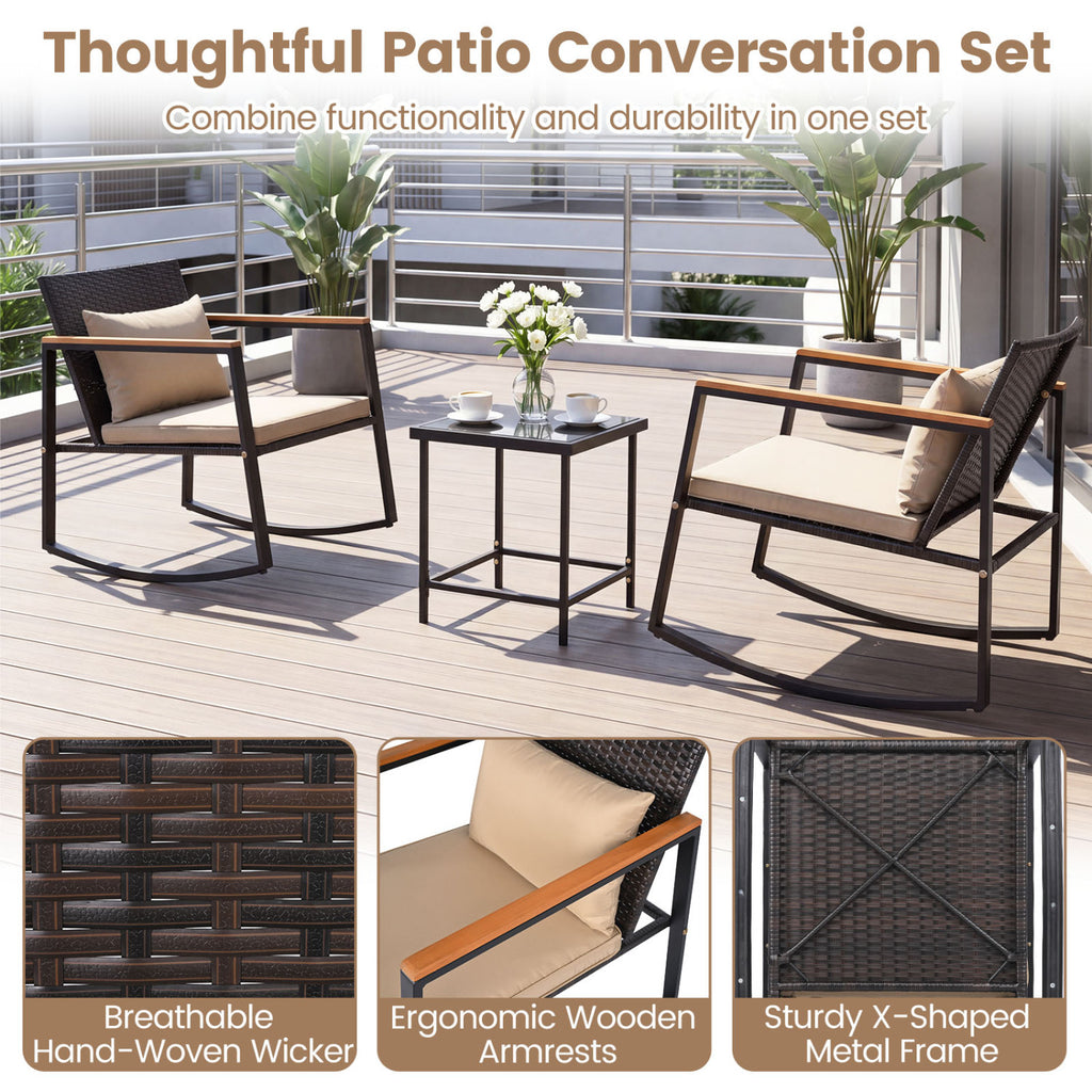 3-Piece Outdoor Rocking Bistro Set with Soft Cushions & Tempered