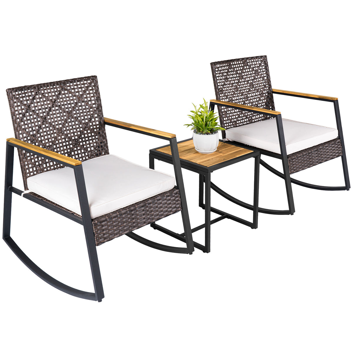3-Piece Wicker Rocking Chair Set with Coffee Table and Cushions for