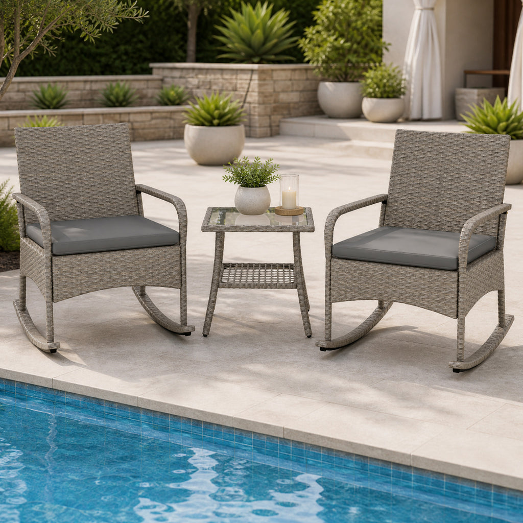 3-Piece Wicker Rocking Bistro Set with Cushions for Garden Backyard