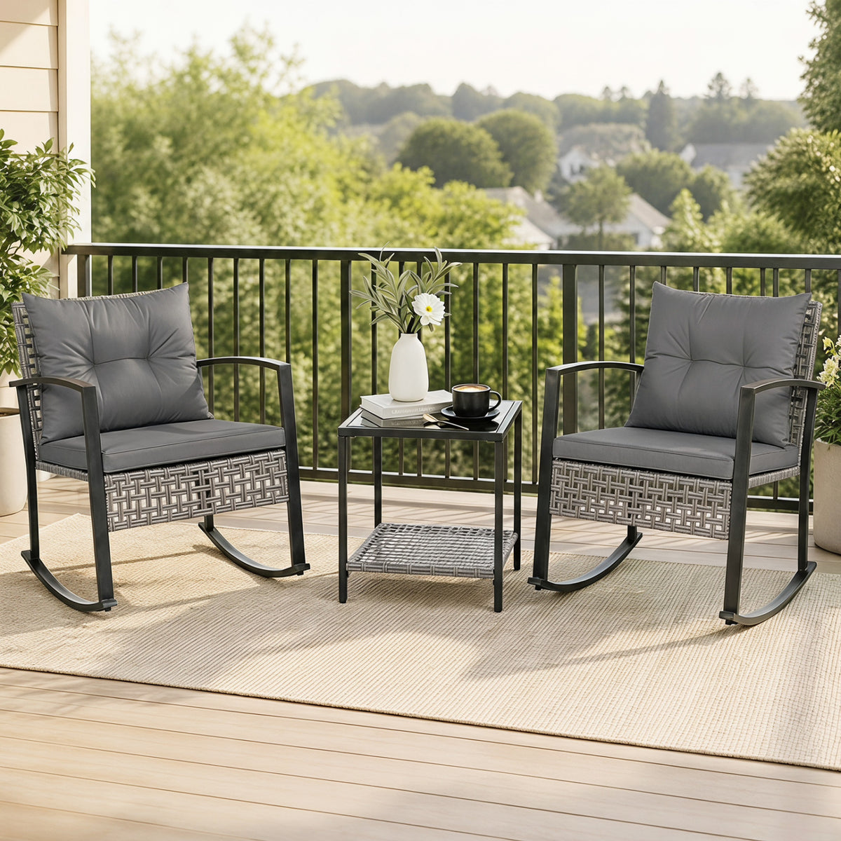 3-Piece Outdoor Rocking Chair Set for Garden