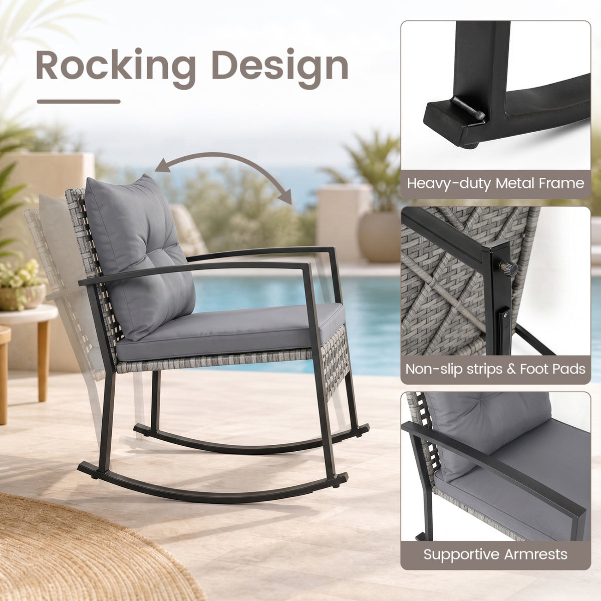 3-Piece Outdoor Rocking Chair Set for Garden