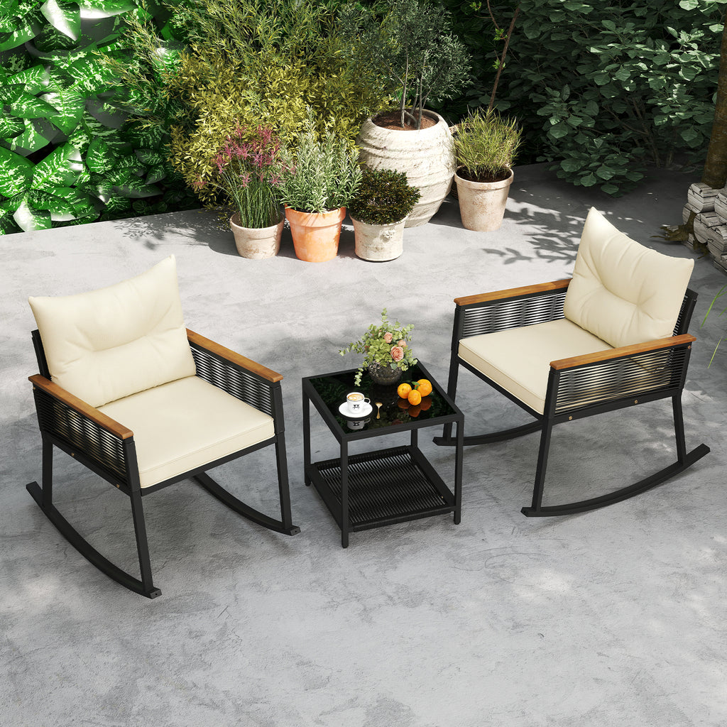 3-Piece Outdoor Rattan Rocking Bistro Set with Coffee Table - Brown