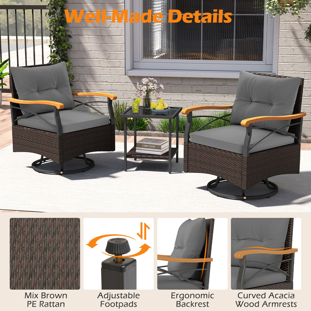 3 Piece Outdoor Swivel Chair Set with Tempered Glass Side Table
