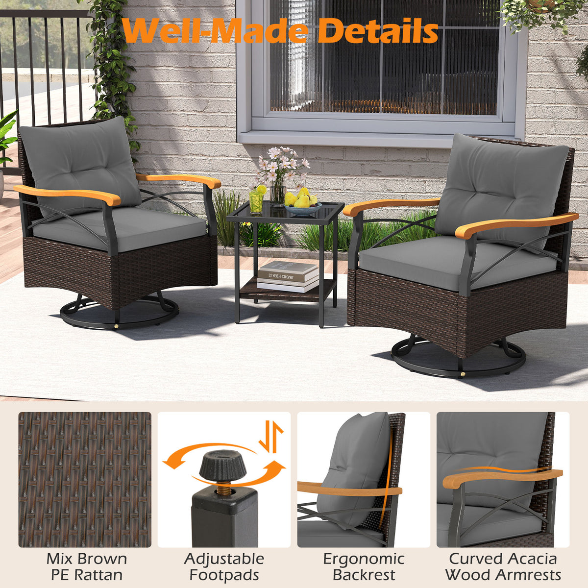 3 Piece Outdoor Swivel Chair Set with Tempered Glass Side Table