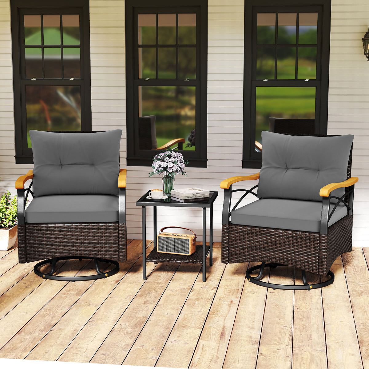 3 Piece Outdoor Swivel Chair Set with Tempered Glass Side Table