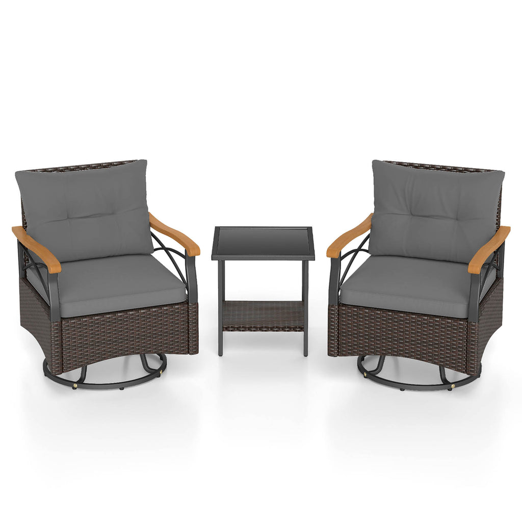3 Piece Outdoor Swivel Chair Set with Tempered Glass Side Table