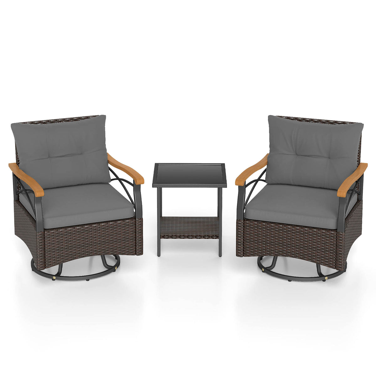 3 Piece Outdoor Swivel Chair Set with Tempered Glass Side Table