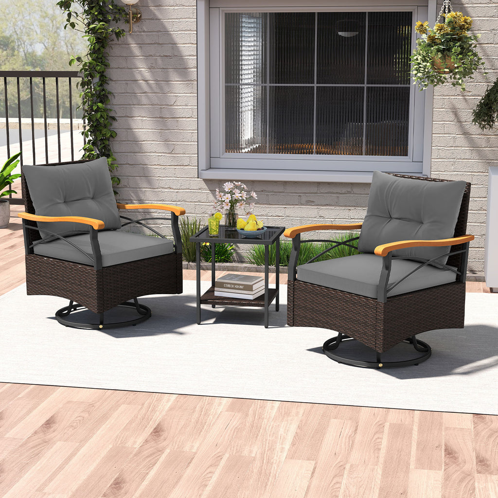 3 Piece Outdoor Swivel Chair Set with Tempered Glass Side Table