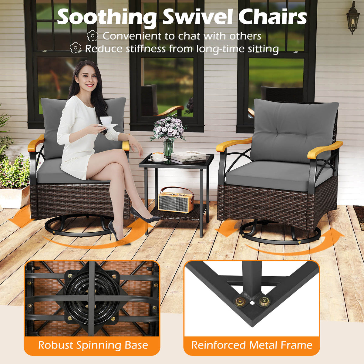 3 Piece Outdoor Swivel Chair Set with Tempered Glass Side Table