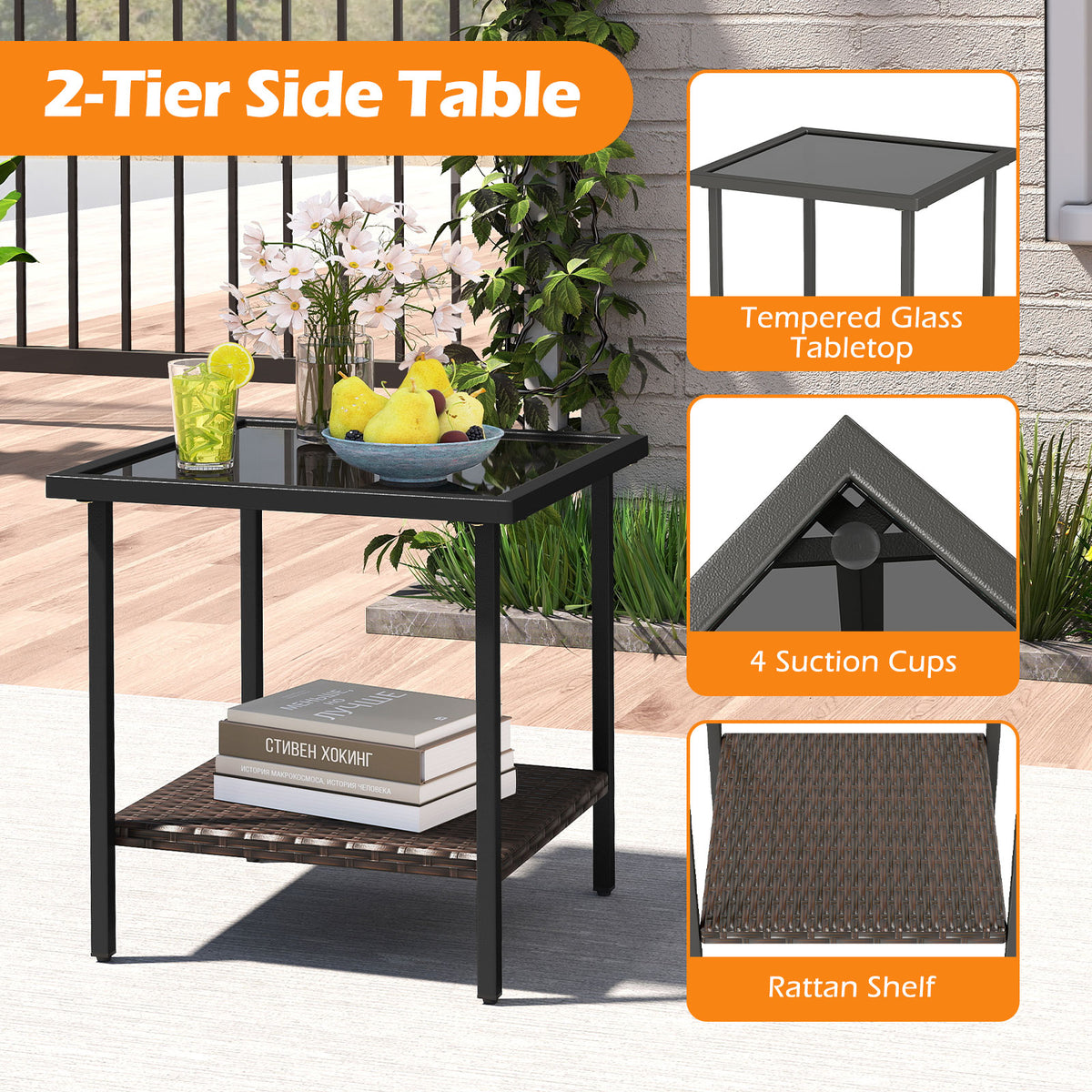 3 Piece Outdoor Swivel Chair Set with Tempered Glass Side Table