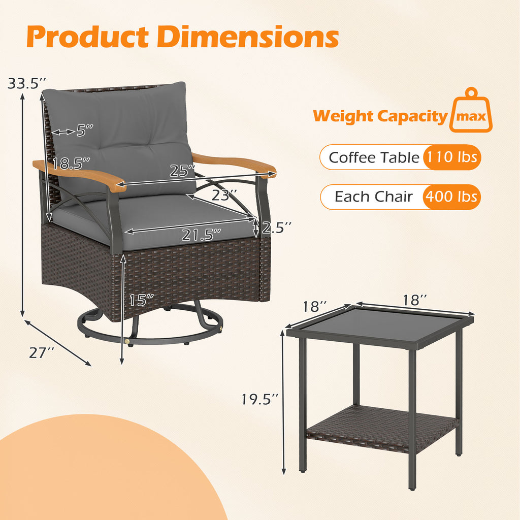 3 Piece Outdoor Swivel Chair Set with Tempered Glass Side Table