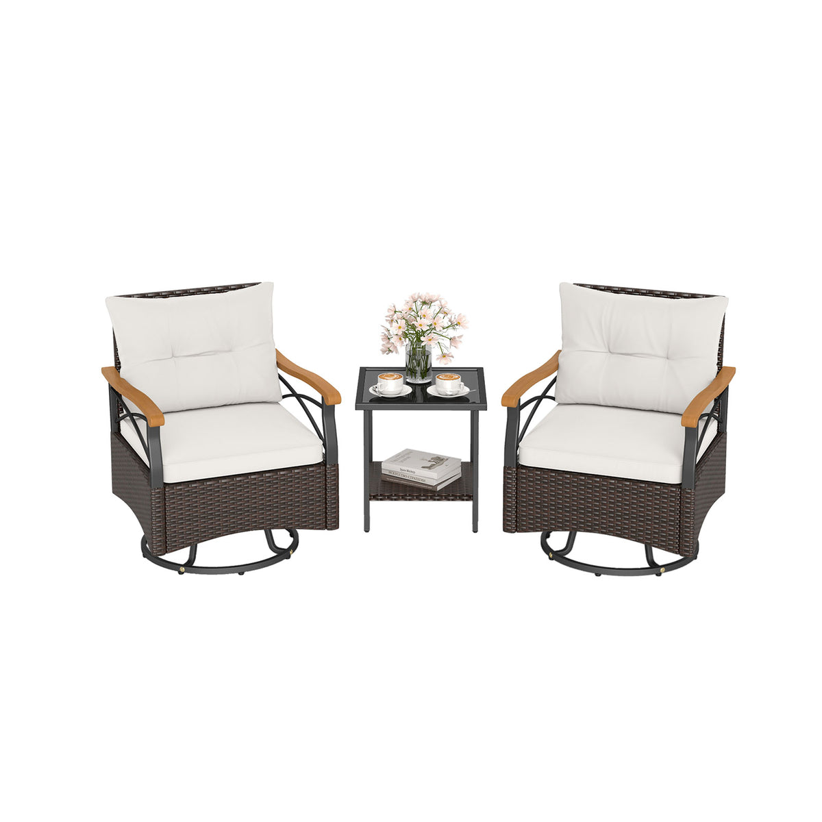 3 Piece Outdoor Swivel Chair Set with Tempered Glass Side Table