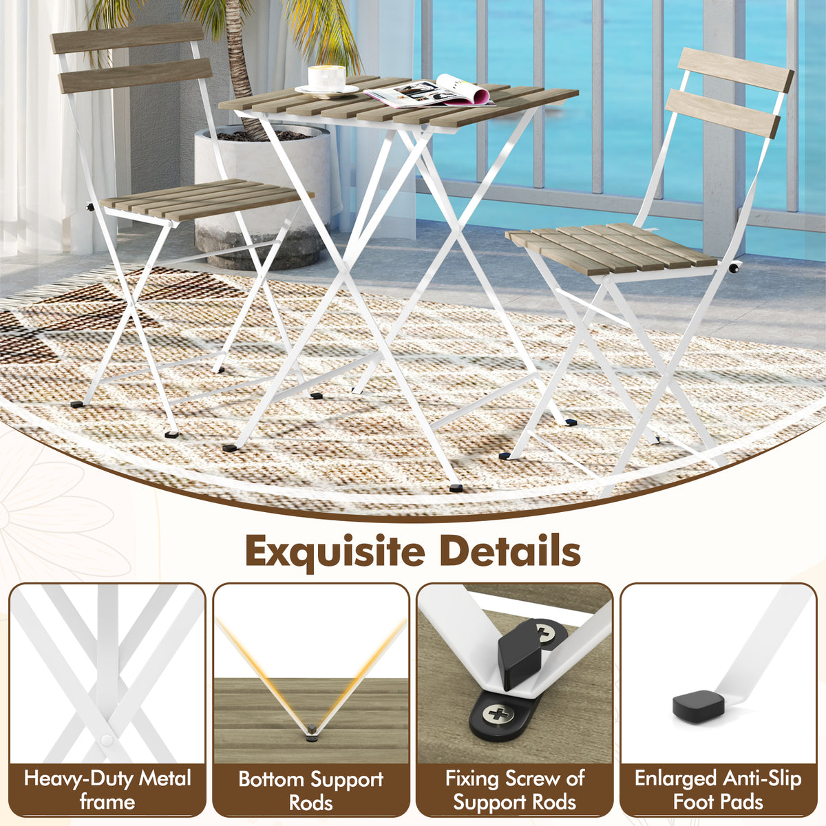 3 Piece Patio Acacia Wood Bistro Set with Slatted Seat and Tabletop