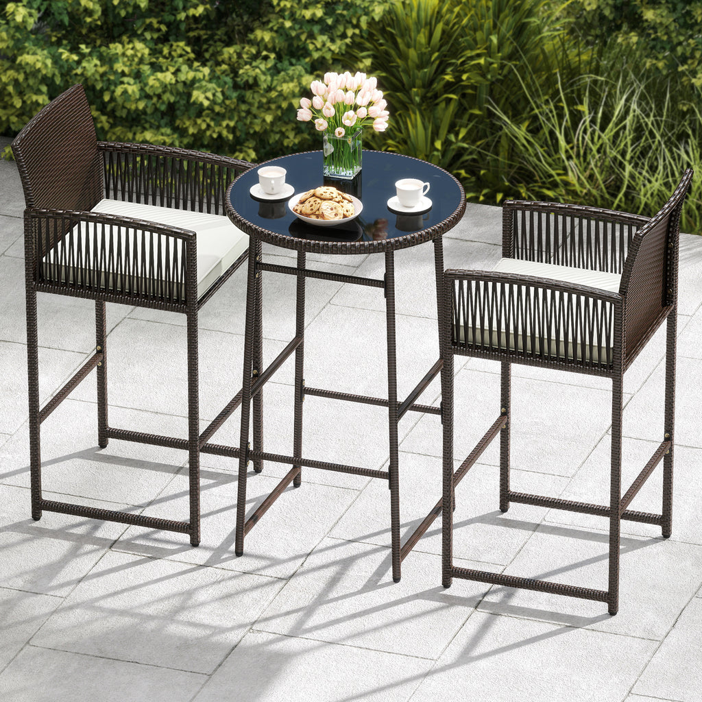 3 Piece Patio Bar Set Wicker Bar Height Table Armchairs White