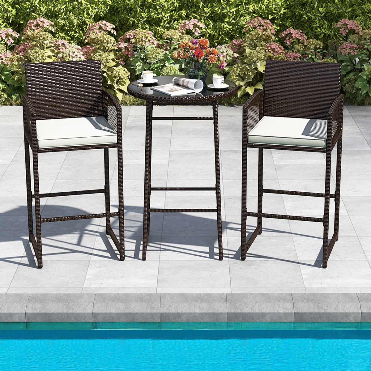 3 Piece Patio Bar Set Wicker Bar Height Table Armchairs White