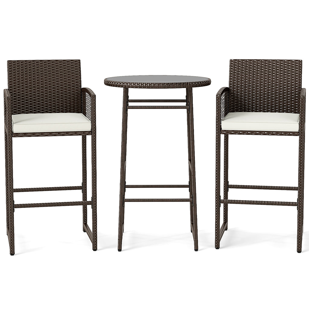 3 Piece Patio Bar Set Wicker Bar Height Table Armchairs White