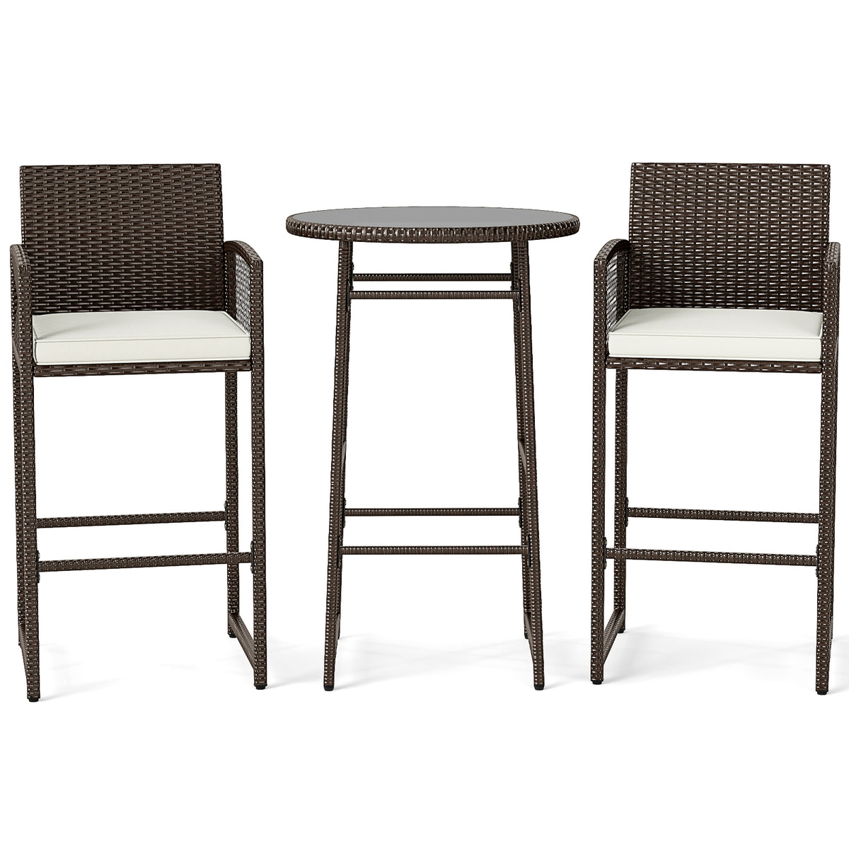 3 Piece Patio Bar Set Wicker Bar Height Table Armchairs White