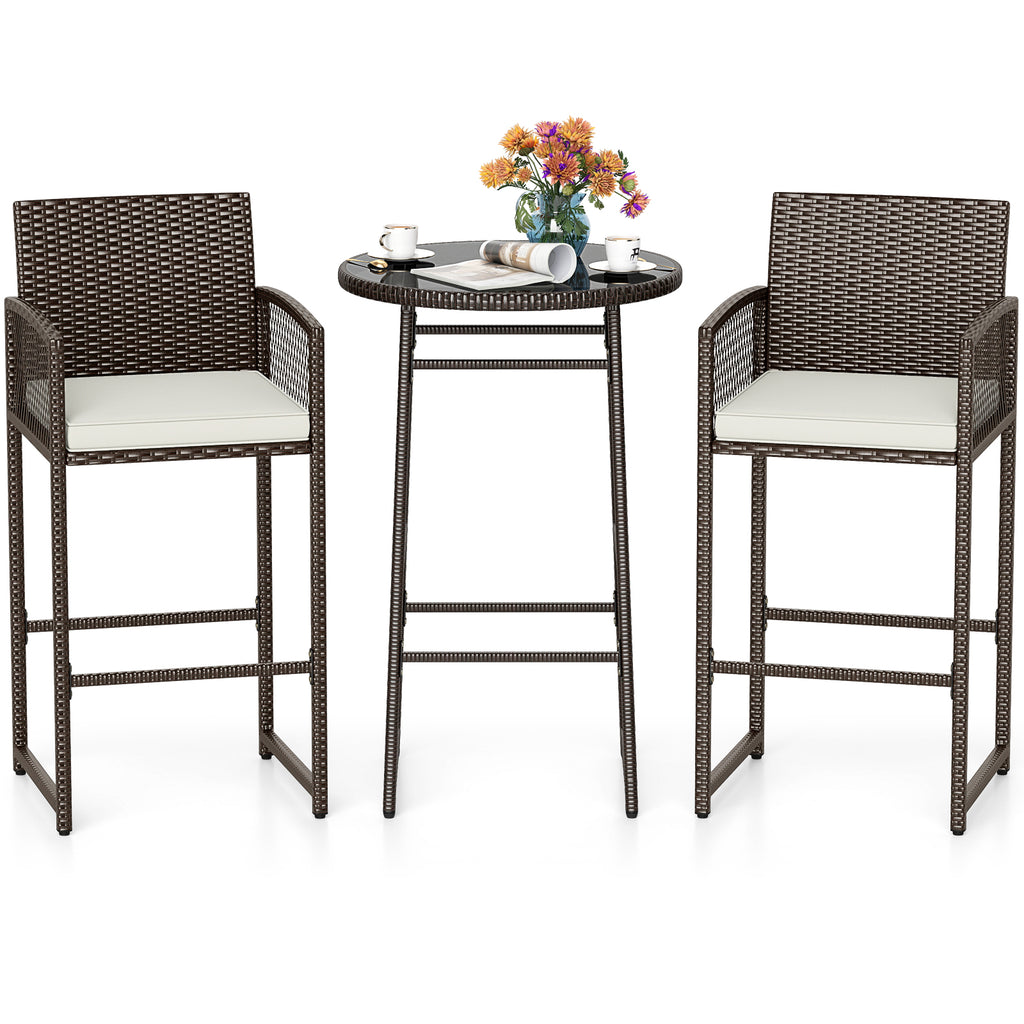 3 Piece Patio Bar Set Wicker Bar Height Table Armchairs White