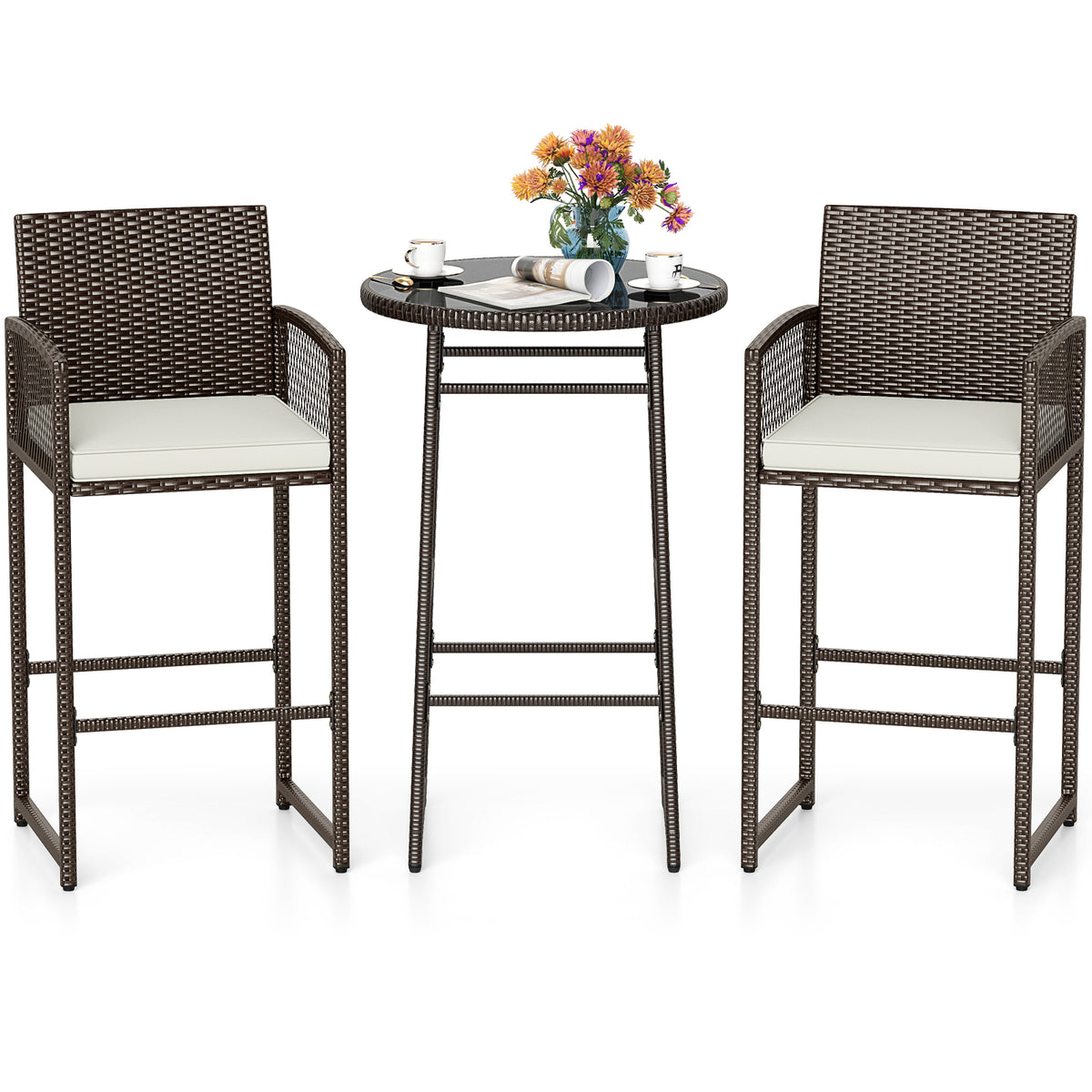 3 Piece Patio Bar Set Wicker Bar Height Table Armchairs White