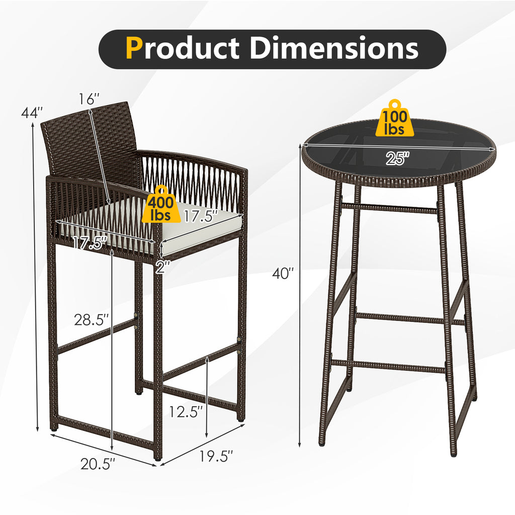 3 Piece Patio Bar Set Wicker Bar Height Table Armchairs White