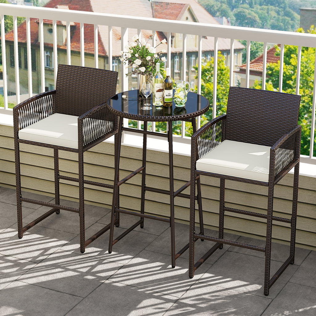 3 Piece Patio Bar Set Wicker Bar Height Table Armchairs White