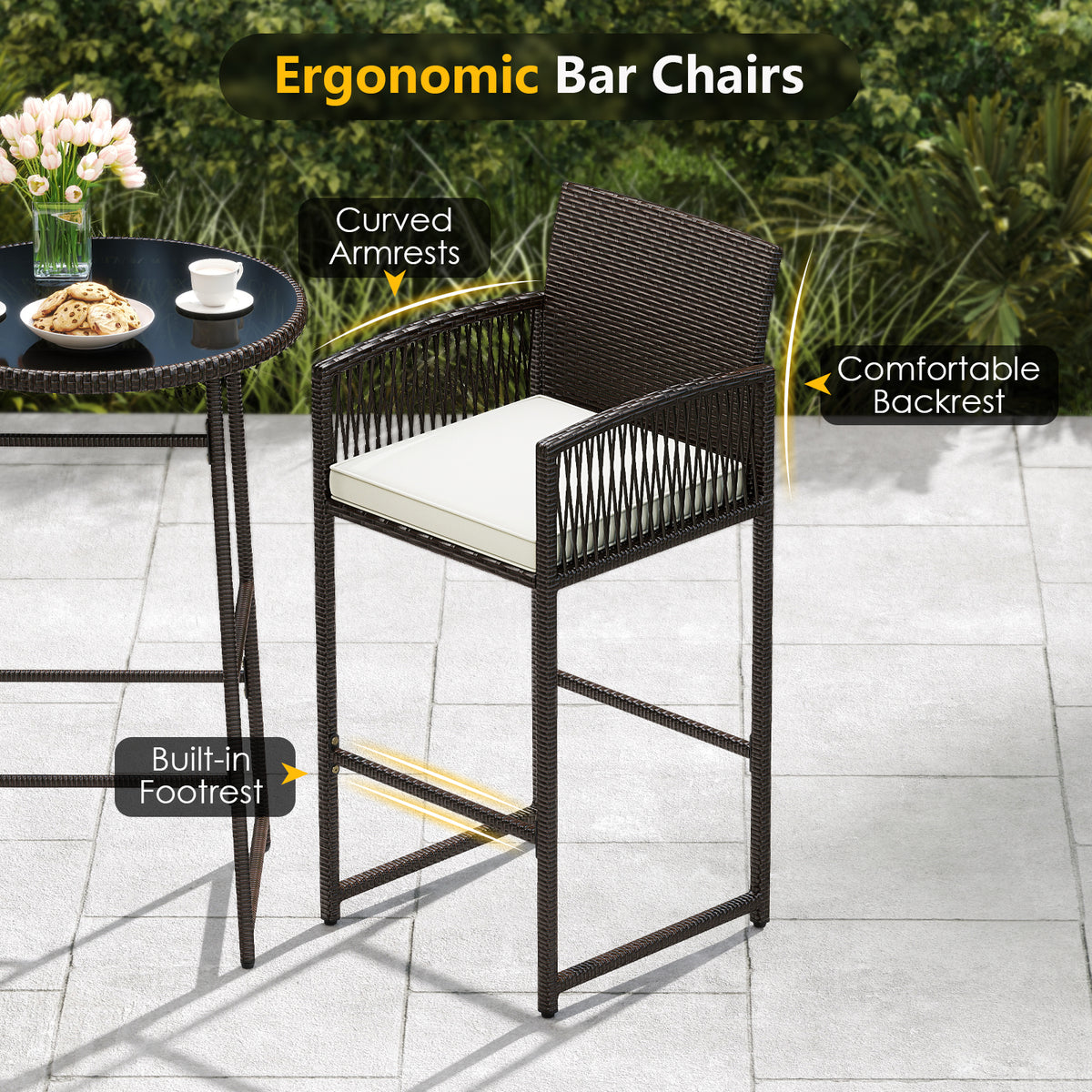 3 Piece Patio Bar Set Wicker Bar Height Table Armchairs White