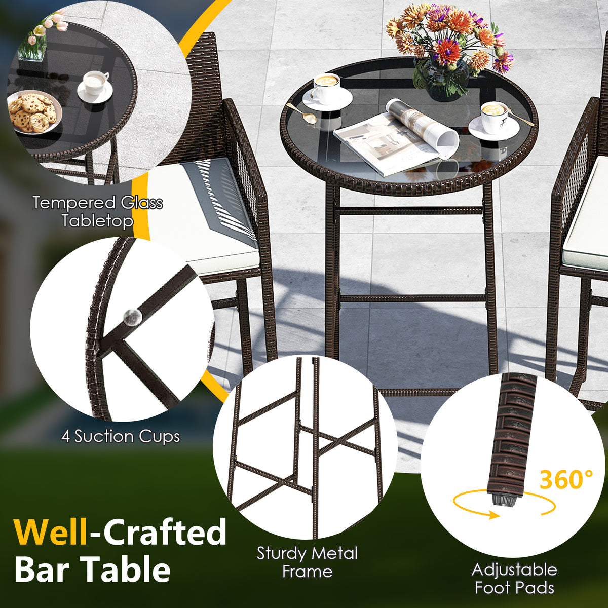 3 Piece Patio Bar Set Wicker Bar Height Table Armchairs White