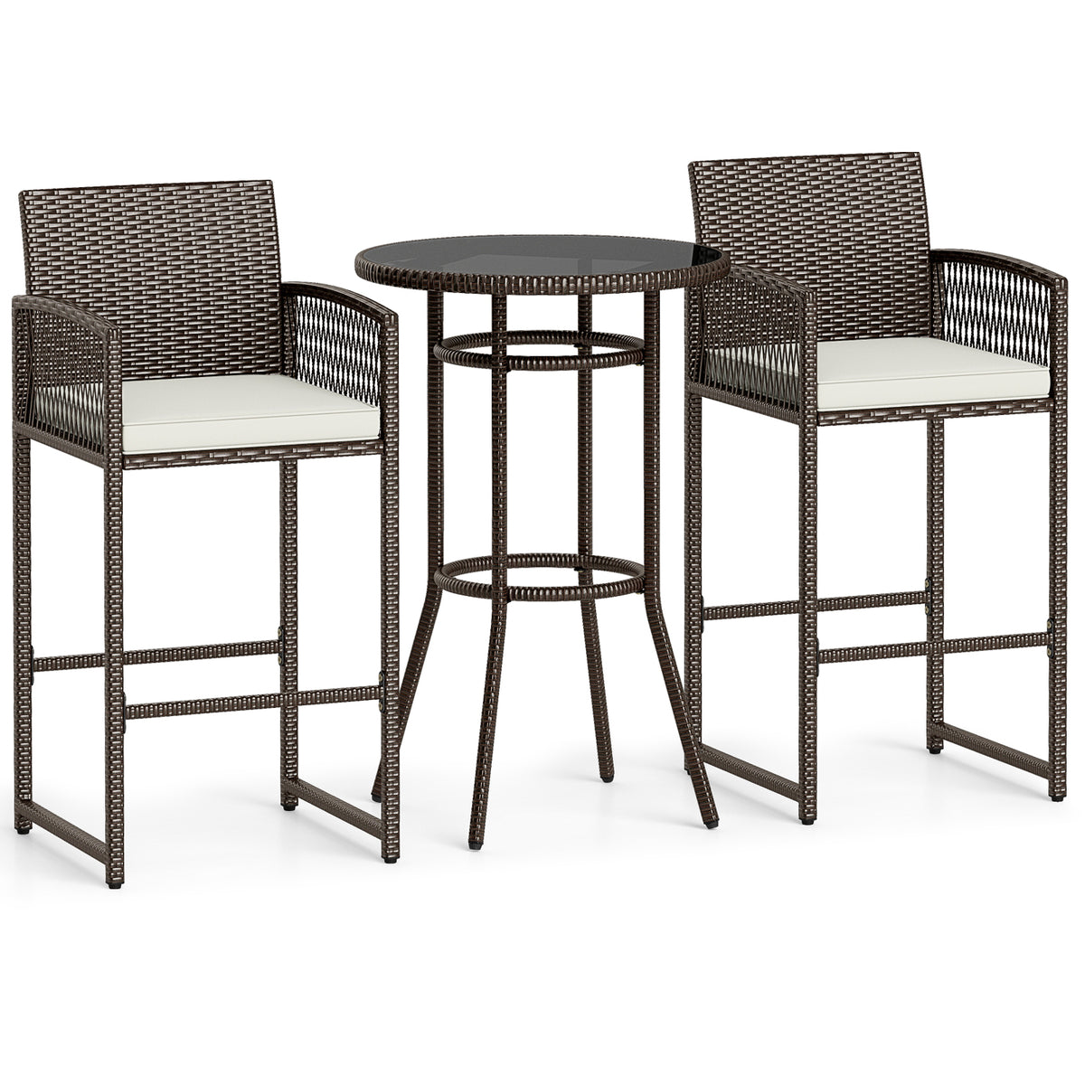 3 Piece Patio Bar Set Outdoor Wicker Height Round Table and Armchairs