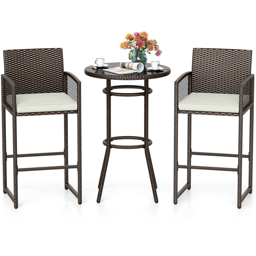 3 Piece Patio Bar Set Outdoor Wicker Height Round Table and Armchairs