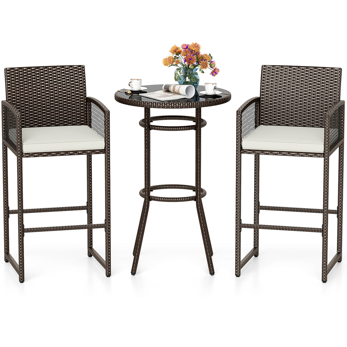 3 Piece Patio Bar Set Outdoor Wicker Height Round Table and Armchairs