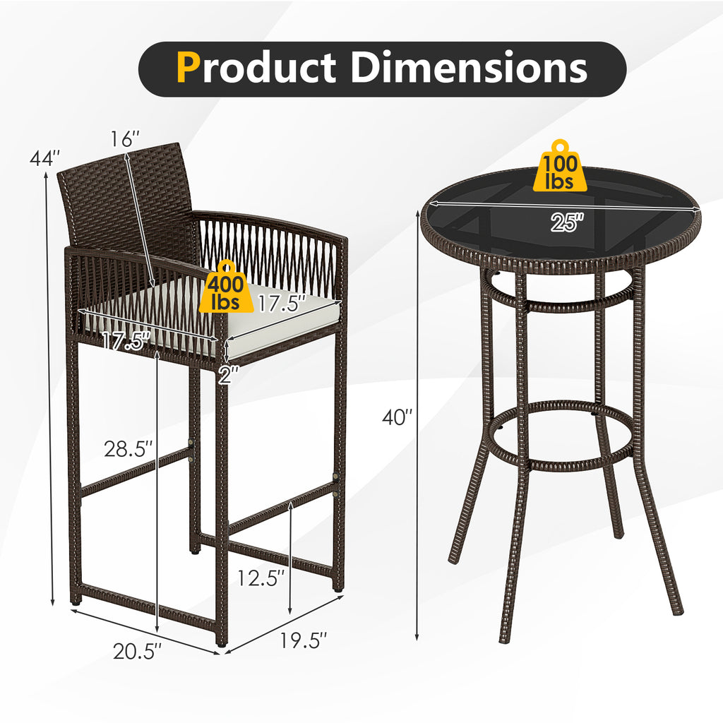 3 Piece Patio Bar Set Outdoor Wicker Height Round Table and Armchairs