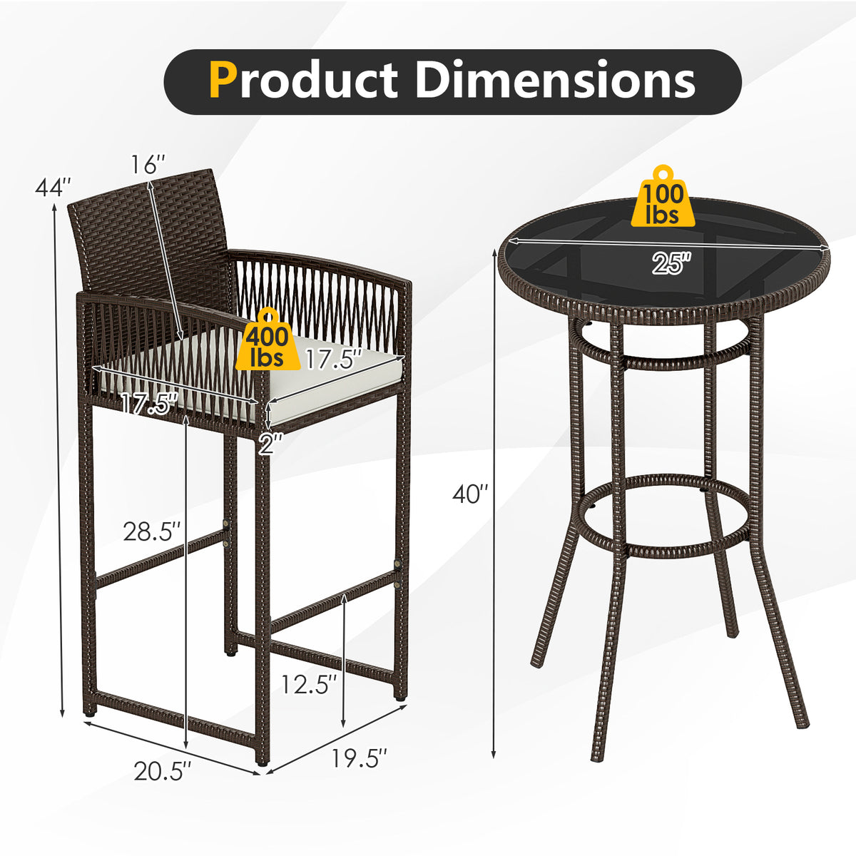 3 Piece Patio Bar Set Outdoor Wicker Height Round Table and Armchairs