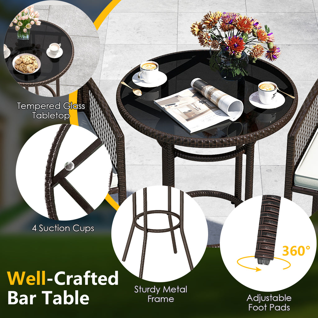 3 Piece Patio Bar Set Outdoor Wicker Height Round Table and Armchairs