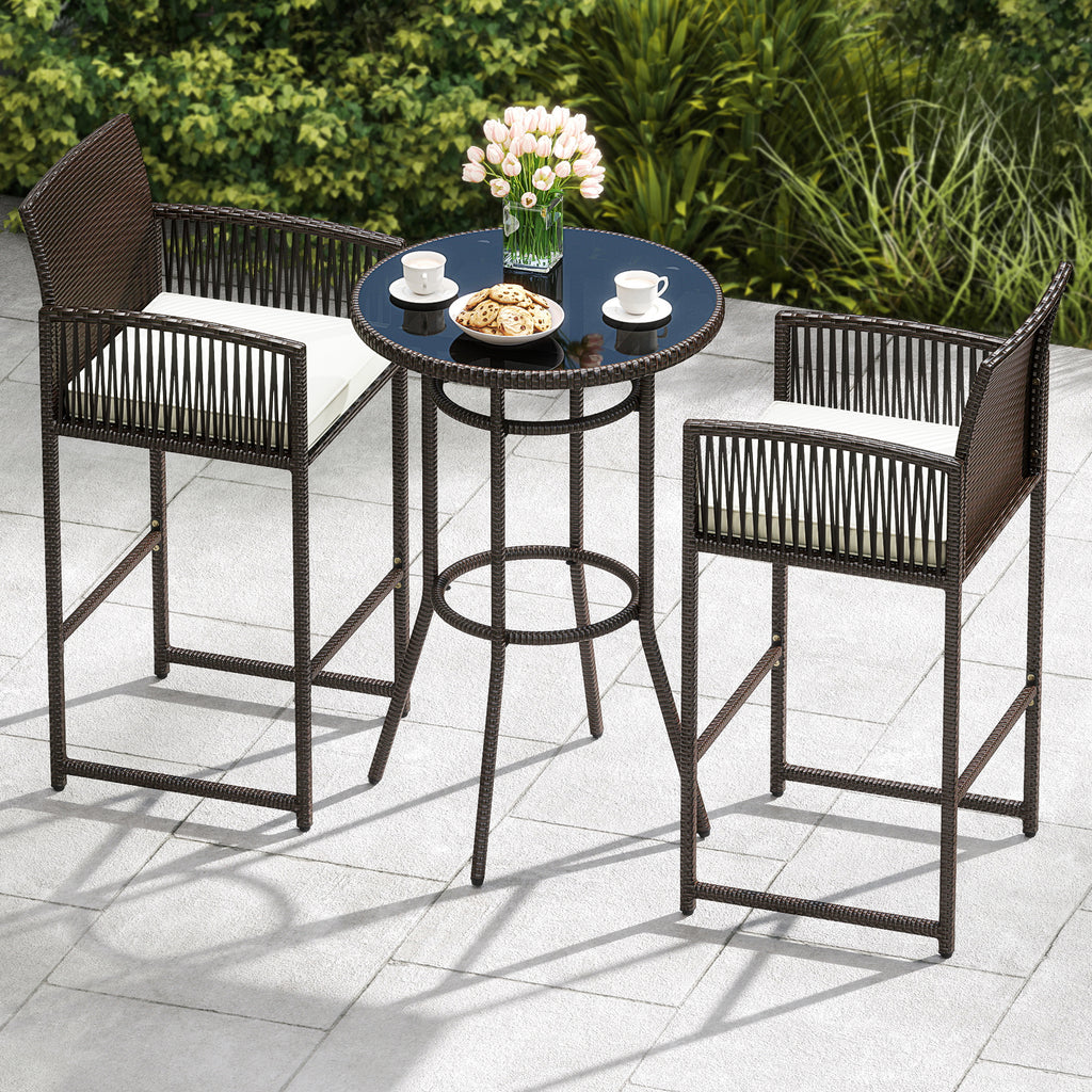 3 Piece Patio Bar Set Outdoor Wicker Height Round Table and Armchairs