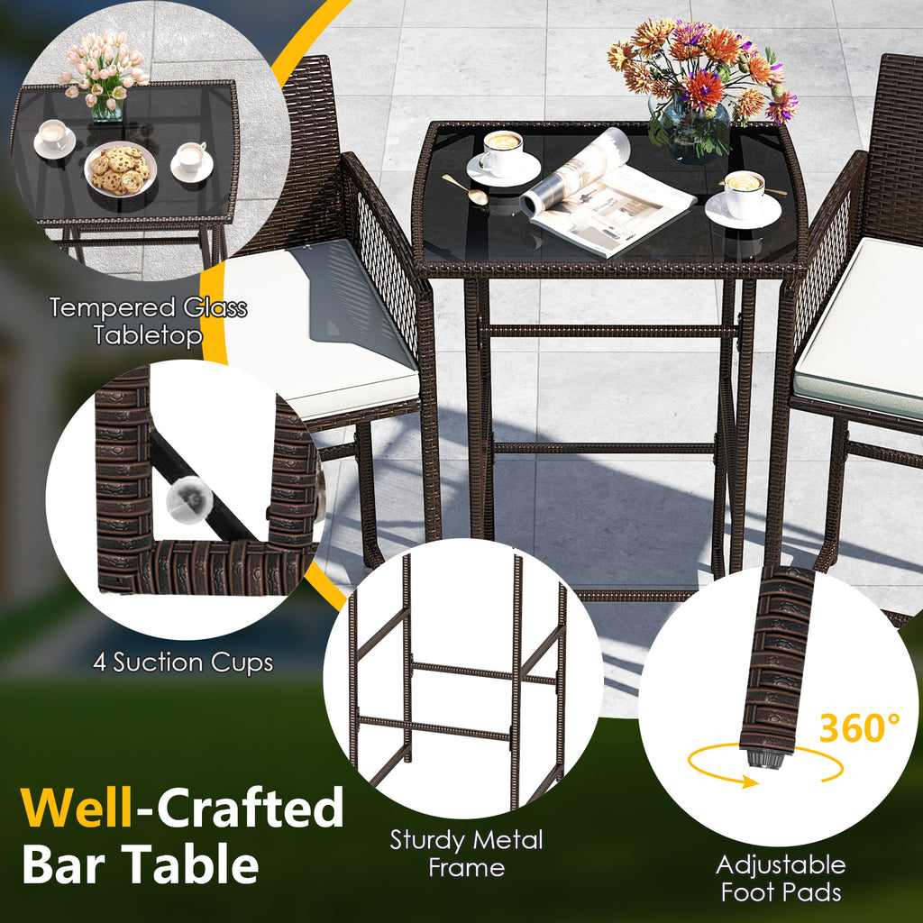 3 Piece Patio Bar Set,Outdoor Wicker Height Table and Armchairs with