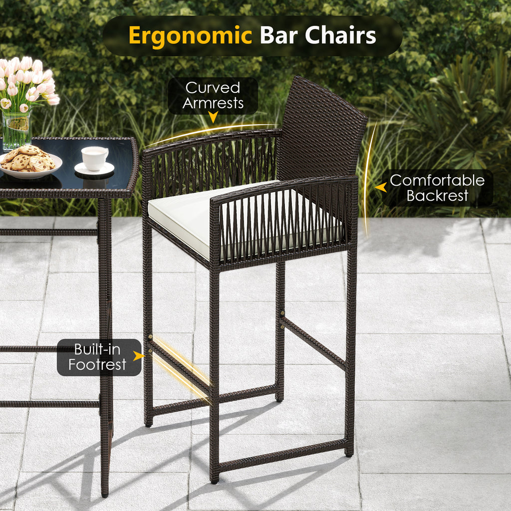 3 Piece Patio Bar Set,Outdoor Wicker Height Table and Armchairs with