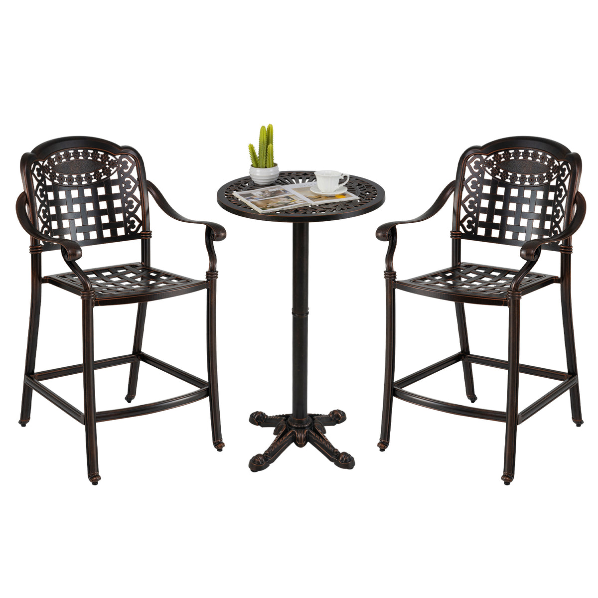 3 Piece Patio Bar Set Outdoor Cast Aluminum Round High Top Table 2