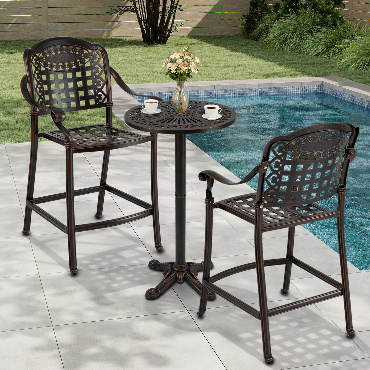 3 Piece Patio Bar Set Outdoor Cast Aluminum Round High Top Table 2