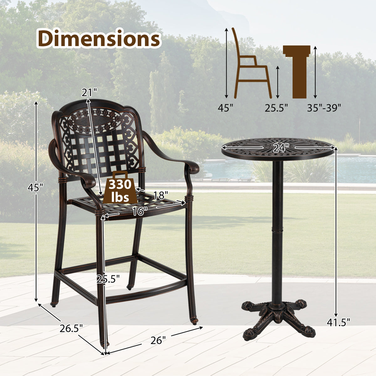 3 Piece Patio Bar Set Outdoor Cast Aluminum Round High Top Table 2