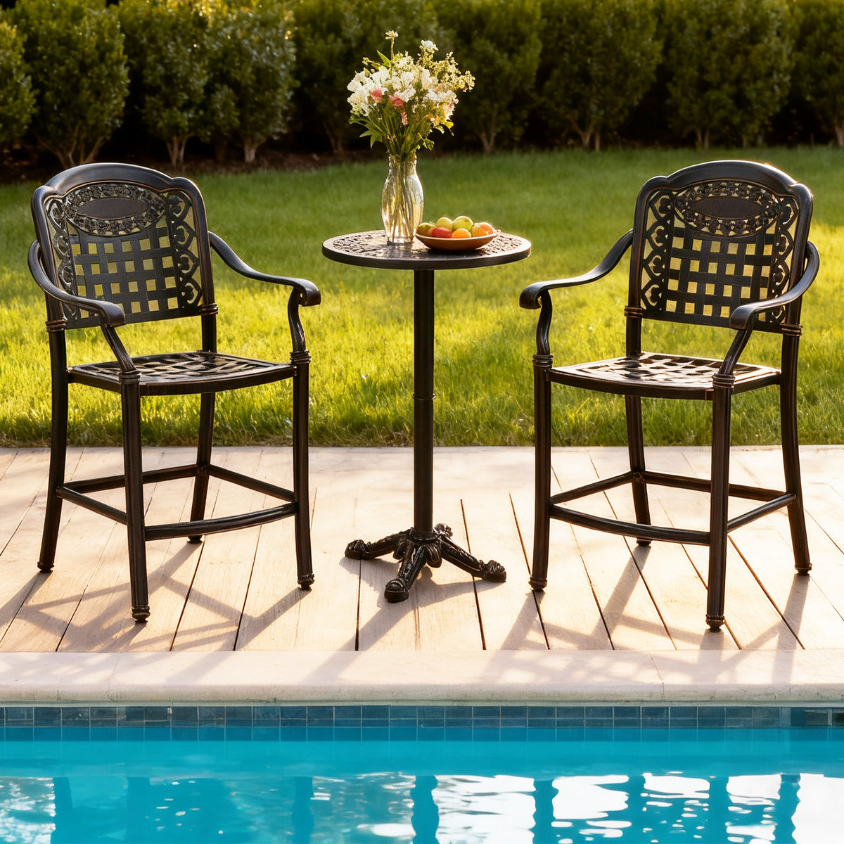 3 Piece Patio Bar Set Outdoor Cast Aluminum Round High Top Table 2