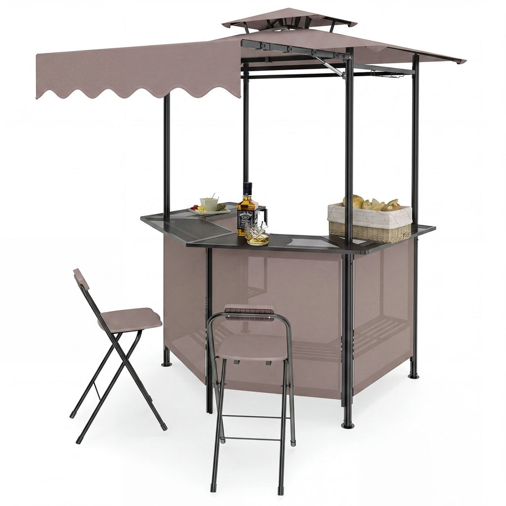 3-Piece Patio Bar Set Outdoor Grill Gazebo and 2 Folding Stools